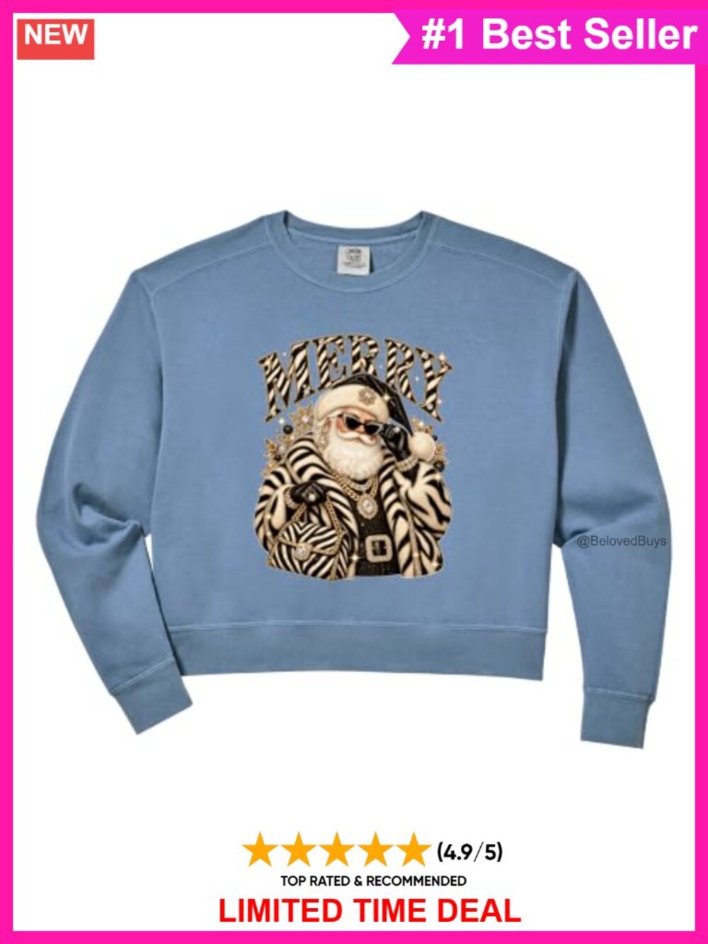 Zebra Santa Graphic Crop Sweatshirt Crew Neck Long Sleeve Cotton Blend